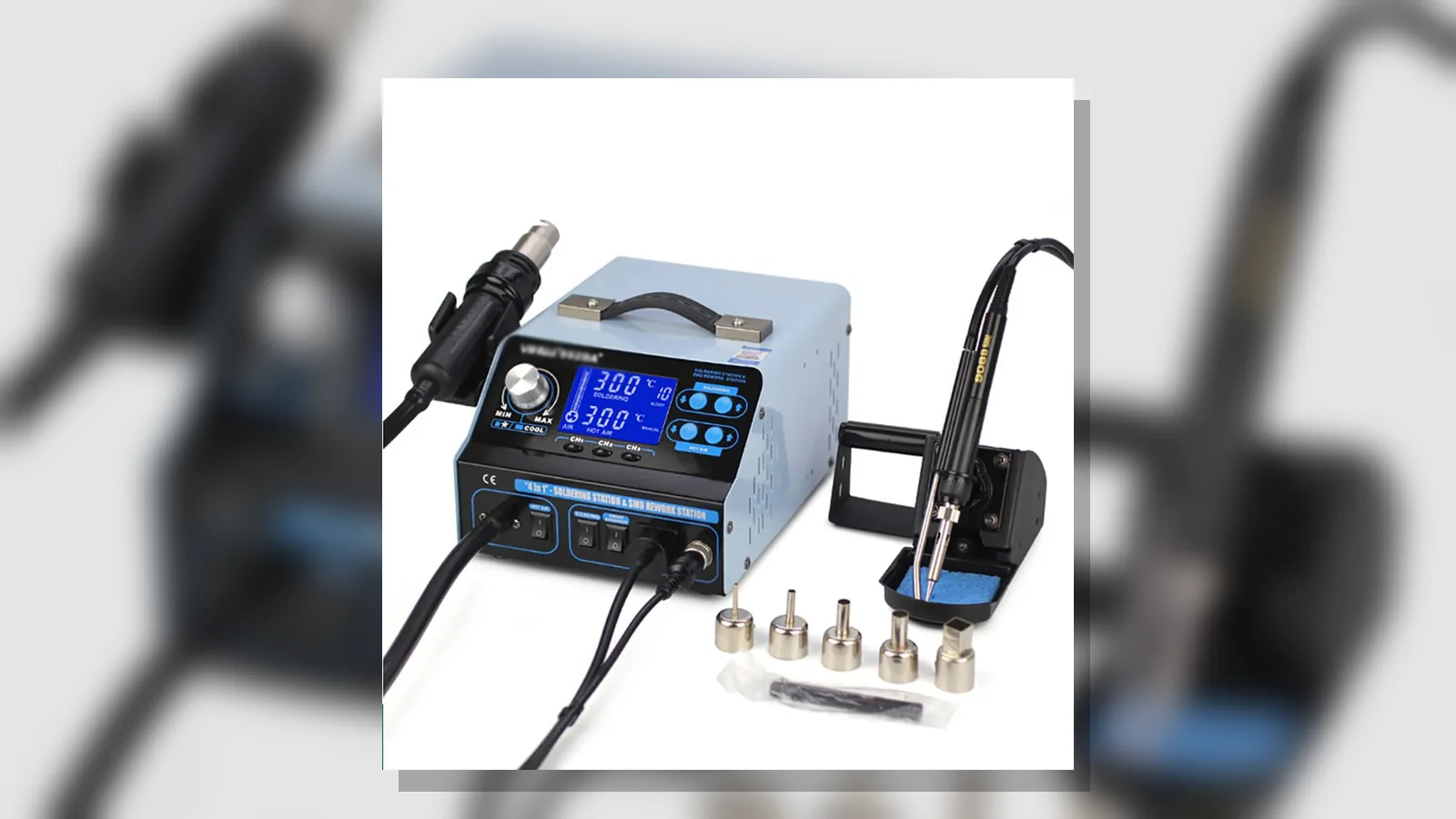 Soldering iron tip beside a cleaner with a smooth tinned working surface