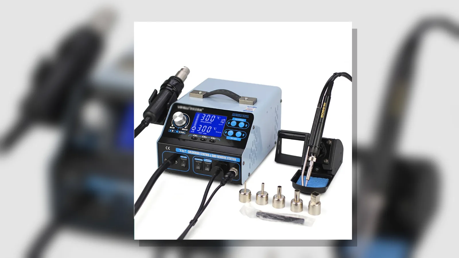 Hot-air wand positioned over an SMD component on a secured practice PCB